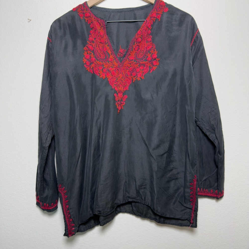Women 100% Silk‎ Tunic Top Medium Black Embroidered Reed V-Neck Long Bohemian